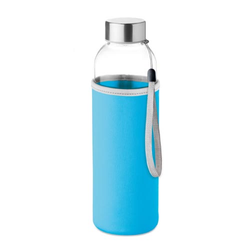 bouteille d'eau personnalisée en verre 500ml avec pochette bleue clair