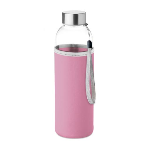 bouteille d'eau personnalisée en verre 500ml avec pochette rose