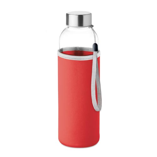 bouteille d'eau personnalisée en verre 500ml avec pochette rouge