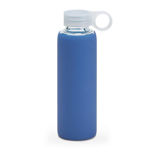 bouteille d'eau personnalisée en verre avec pochette siliconne bleue
