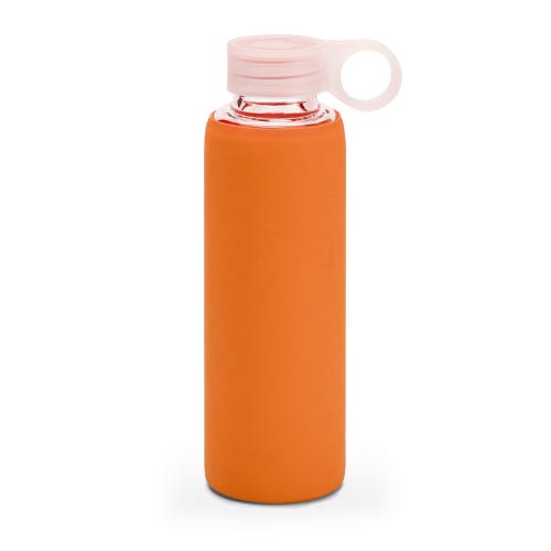 bouteille d'eau personnalisée en verre avec pochette siliconne orange