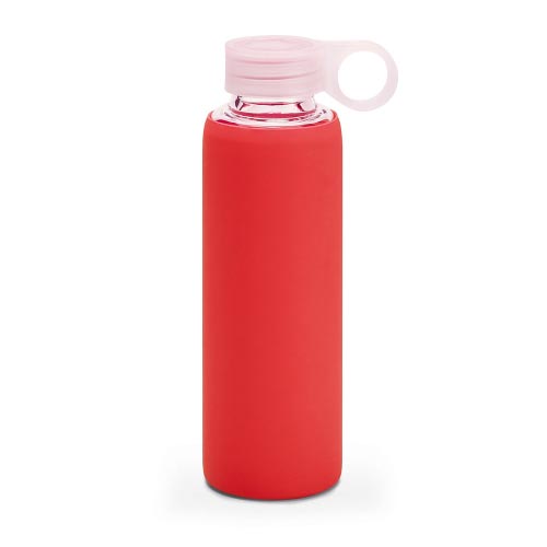 bouteille d'eau personnalisée en verre avec pochette siliconne rouge