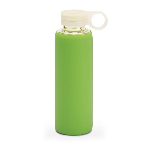 bouteille d'eau personnalisée en verre avec pochette siliconne verte