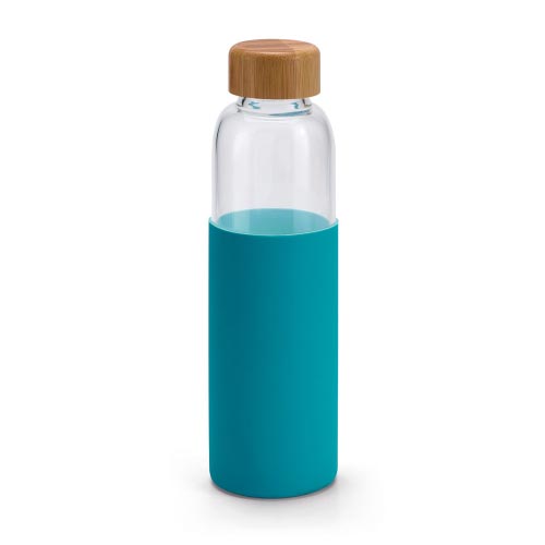 bouteille d'eau personnalisée en verre avec étui en silicone bleu