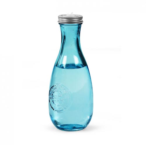 bouteille d'eau personnalisée en verre recyclé bleu avec couvercle